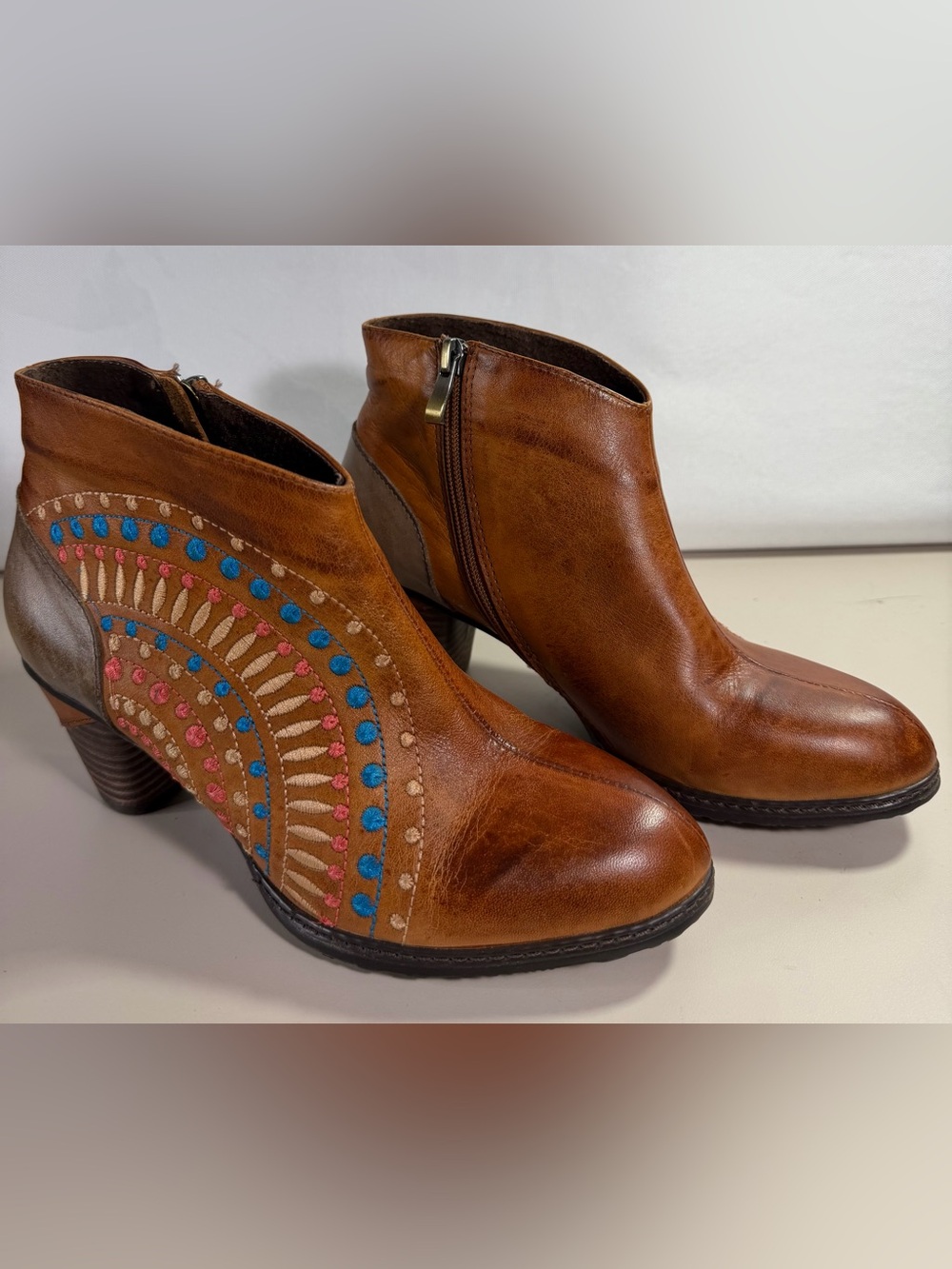 L'artiste Rhapsody Turquoise Brown Ankle Boots Sz 38/8 Boho Artsy Spring Step